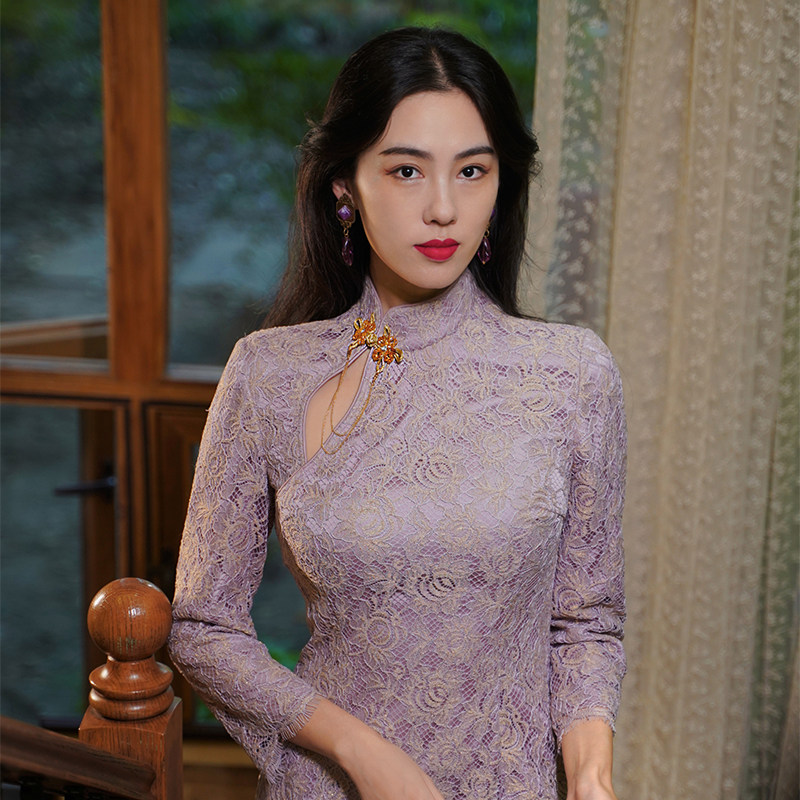 四美子中国风紫色旗袍女紫云烟2022年新款中式高端改良长款连衣裙