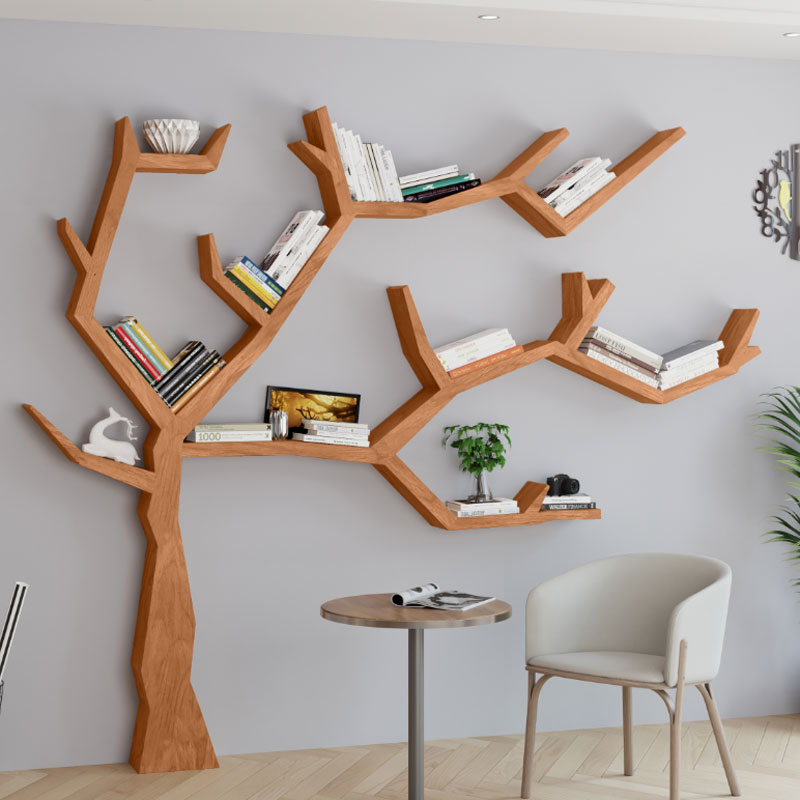树形实木创意落地树干书架沙发后置墙上艺术背景架置物架现代设计