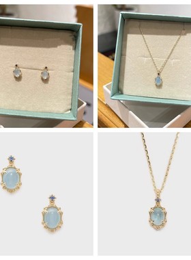 日系轻奢 天鹅轮廓 椭圆海蓝宝石s925银镀10k金 项链耳钉套装