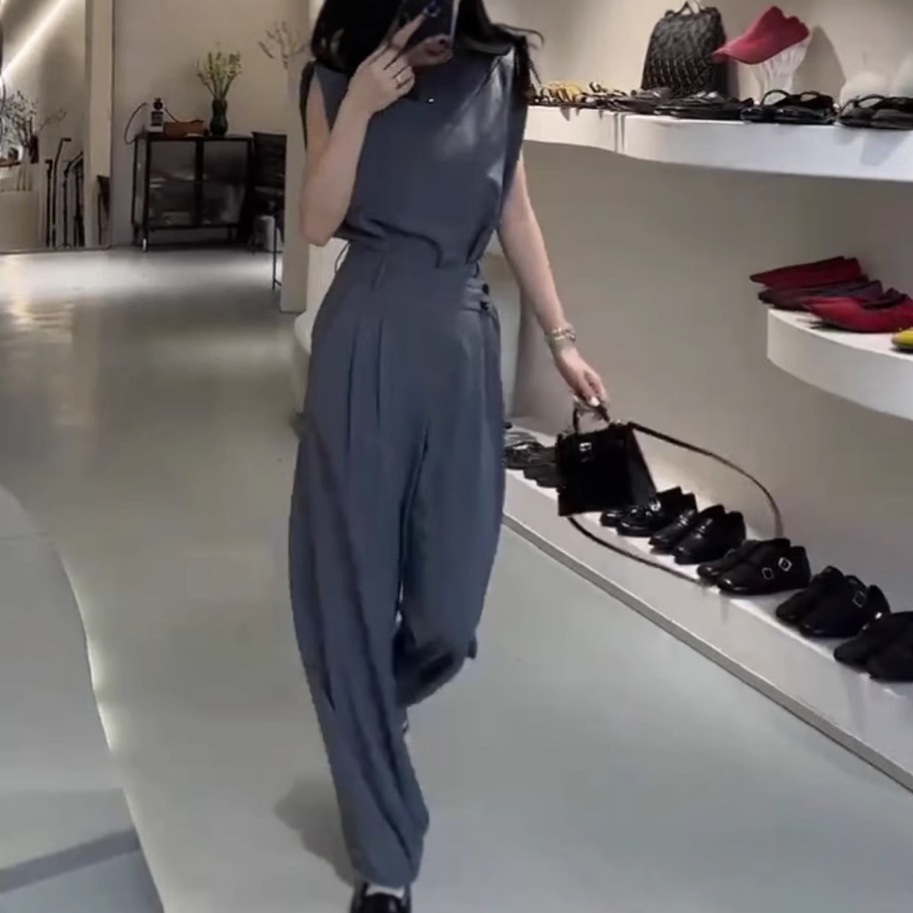 英国moleubak夏季新款轻熟风时尚无袖上衣高腰阔腿裤高级