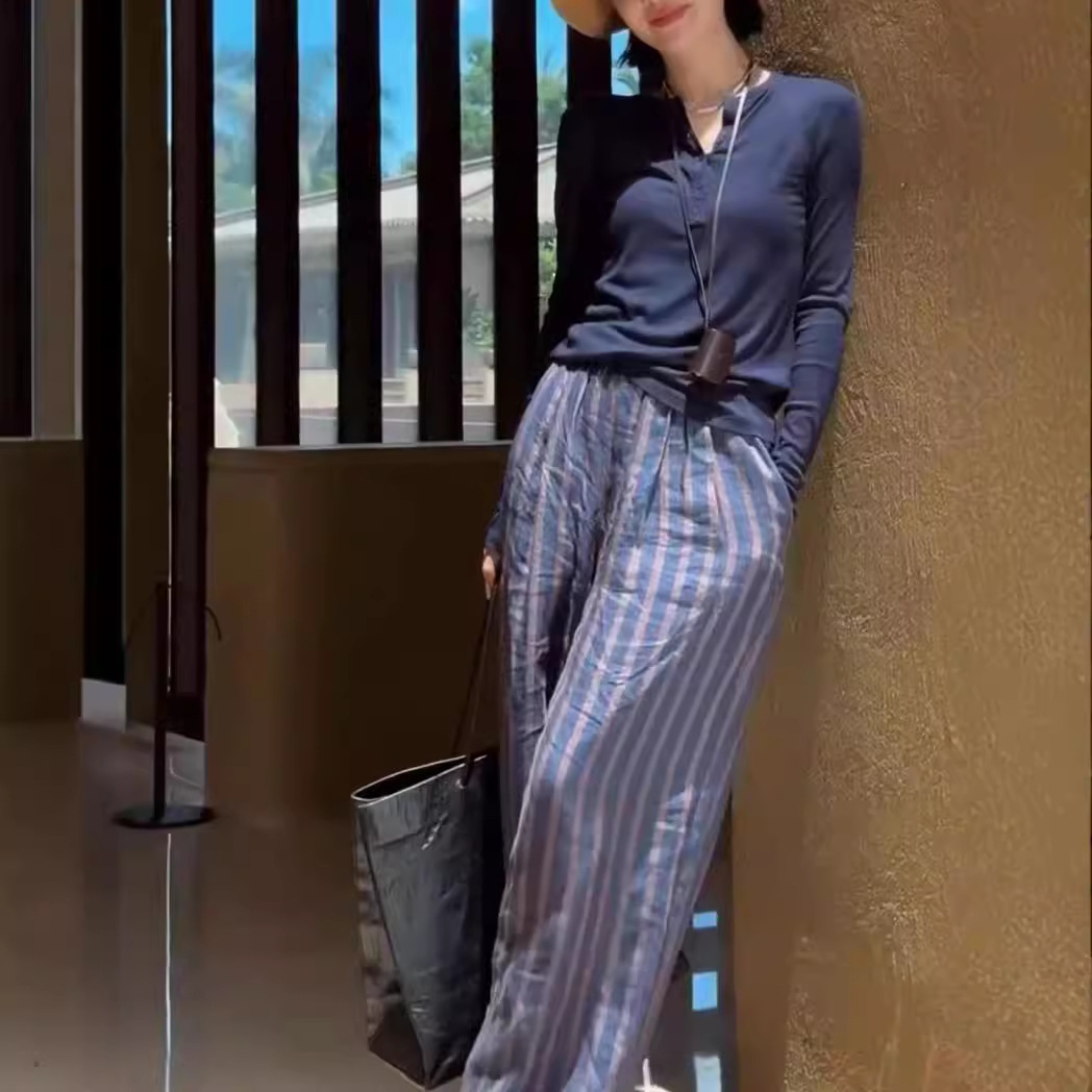 英国moleubak新款显瘦长袖t恤高腰条纹休闲裤时尚女装