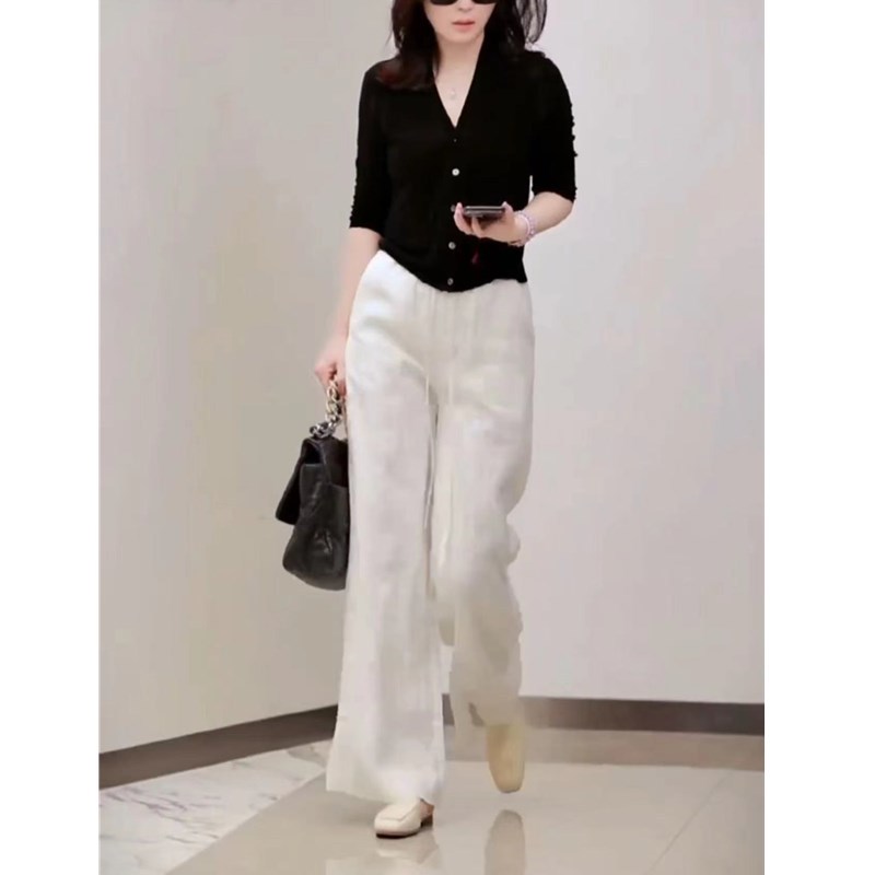 英国moleubak新款简约黑色v领净版打底衫高腰阔腿长裤洋气