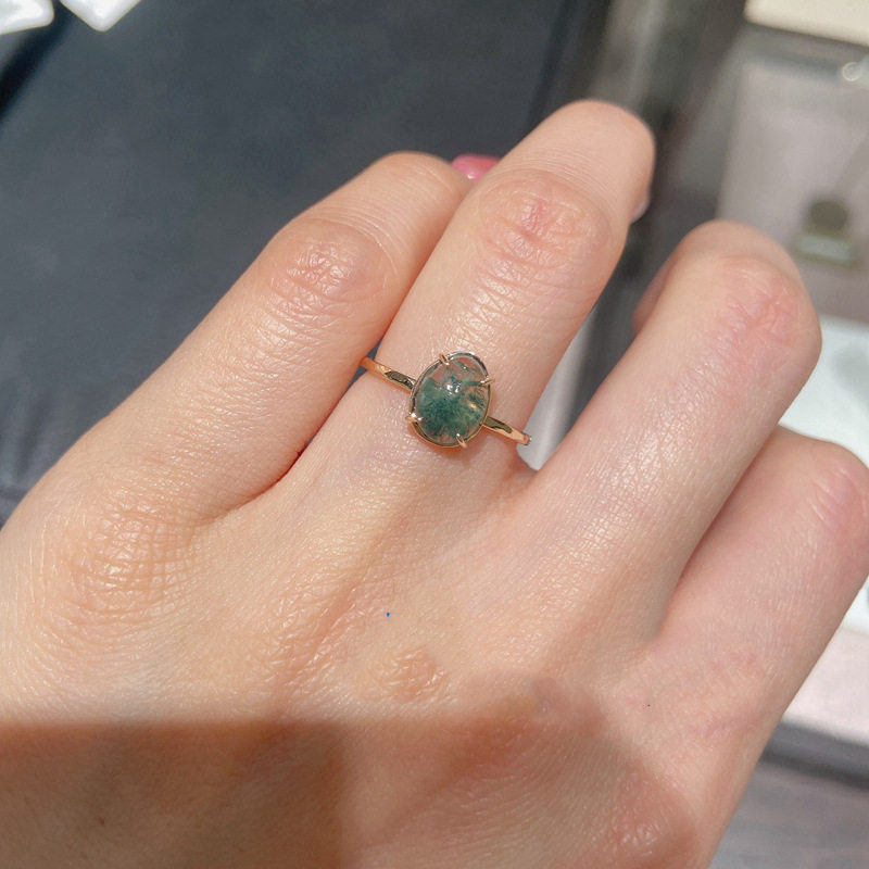 日系轻奢海藻绿玛瑙水草石925银戒指复古简约水滴型 戒指
