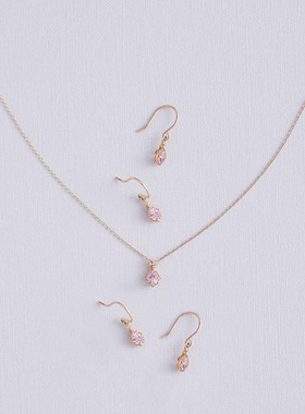 日式轻奢925银镀14K金粉摩根石 公主花瓣粉彩宝水滴 项链耳环