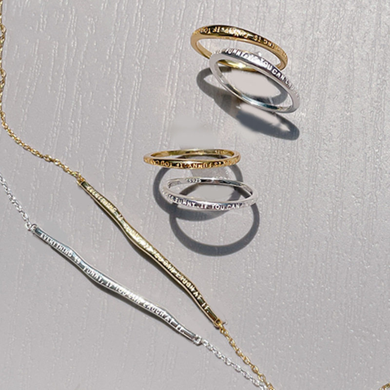 日系精致s925银 英文字母刻字横条简约戒指/手链/项链