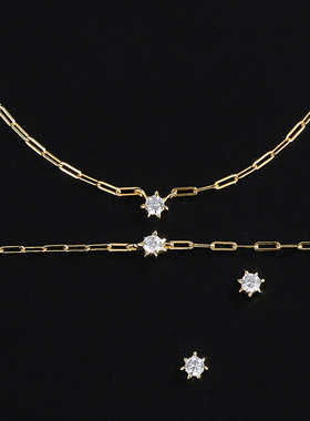 日式轻奢极简风s925银星星工字链项链手链耳钉 7爪锆石套装