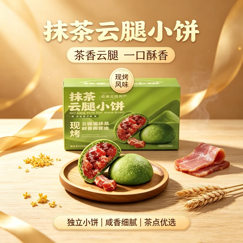 云南中秋风味点心抹茶味云腿月饼酥皮火腿肉馅酥饼糕点零食礼盒装