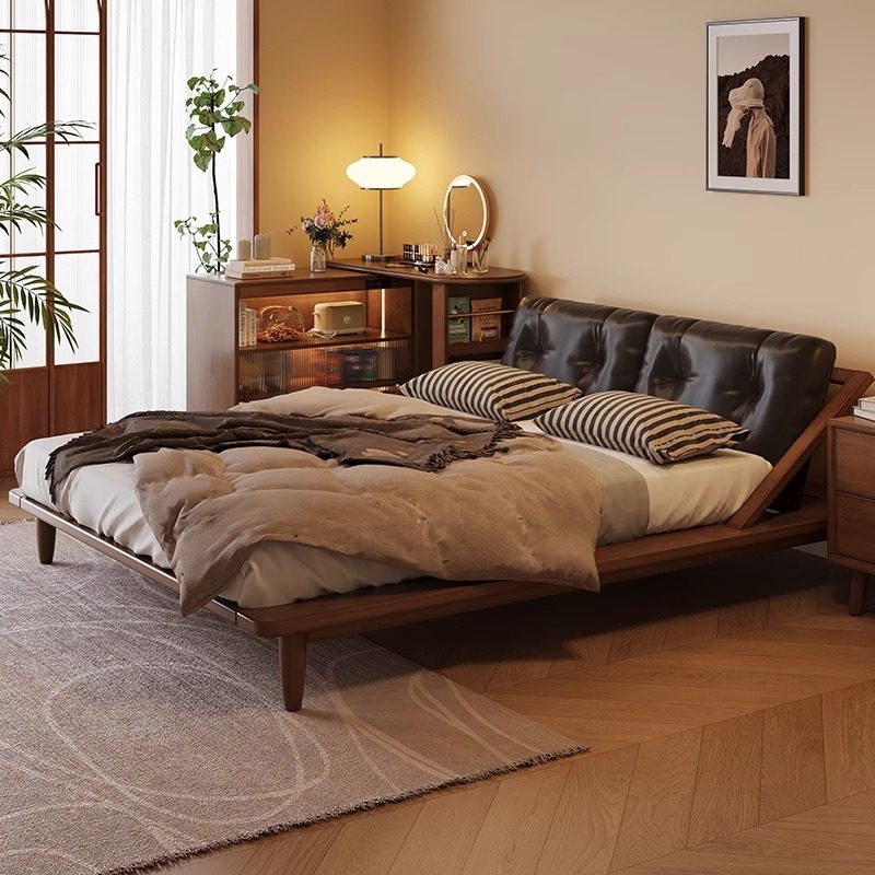 新中式胡桃色真皮床1.5米主卧婚床复古全实木1.8米榻榻米软靠床