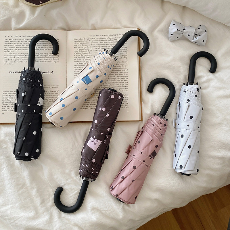 ins韩系小波点弯柄复古雨伞女晴雨两用黑胶防晒高颜值折叠遮阳伞