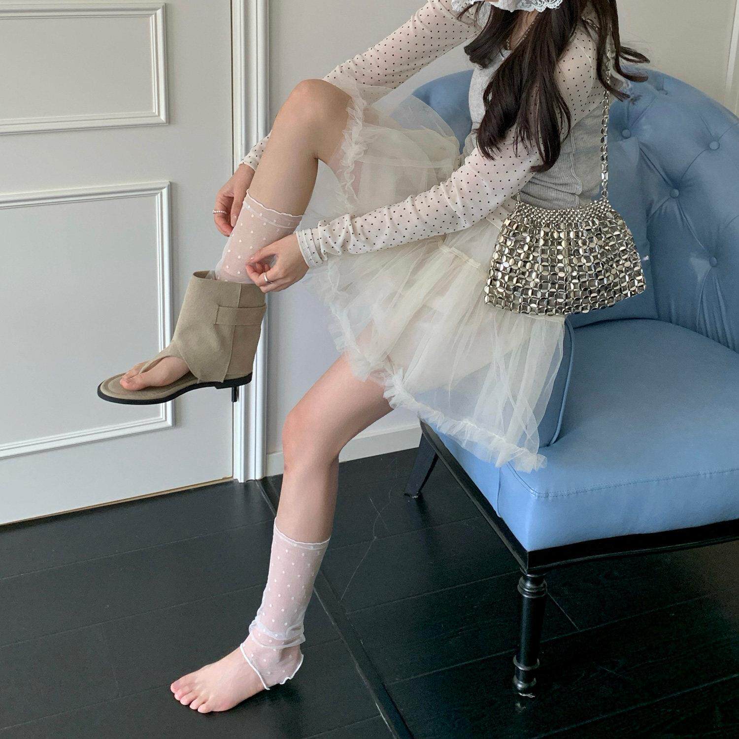 蕾丝波点踩脚袜套露趾堆堆袜子女夏季超薄镂空透气甜美花边小腿套