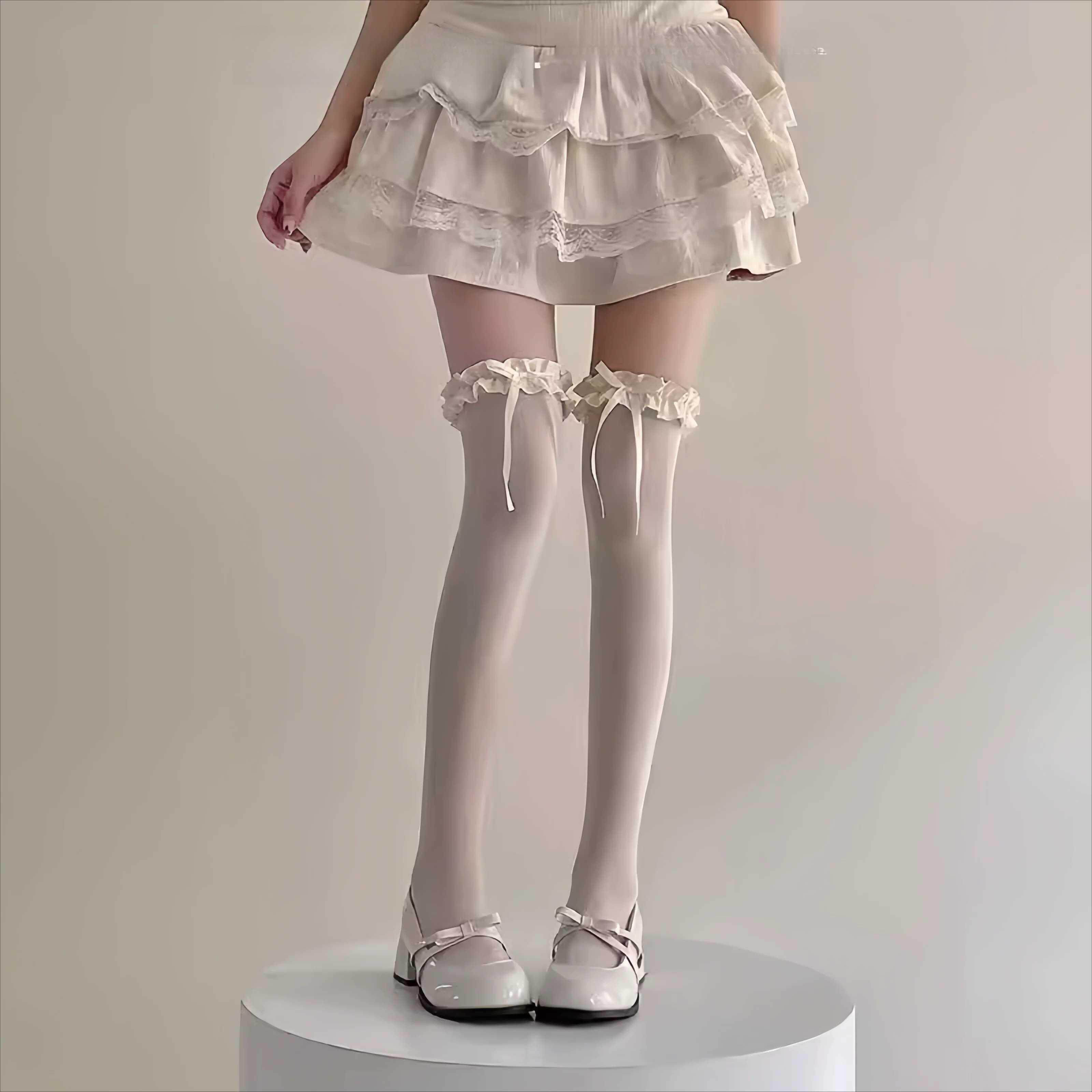 lolita白丝过膝袜女蝴蝶结蕾丝长筒袜子洛丽塔花边黑色奶白大腿袜
