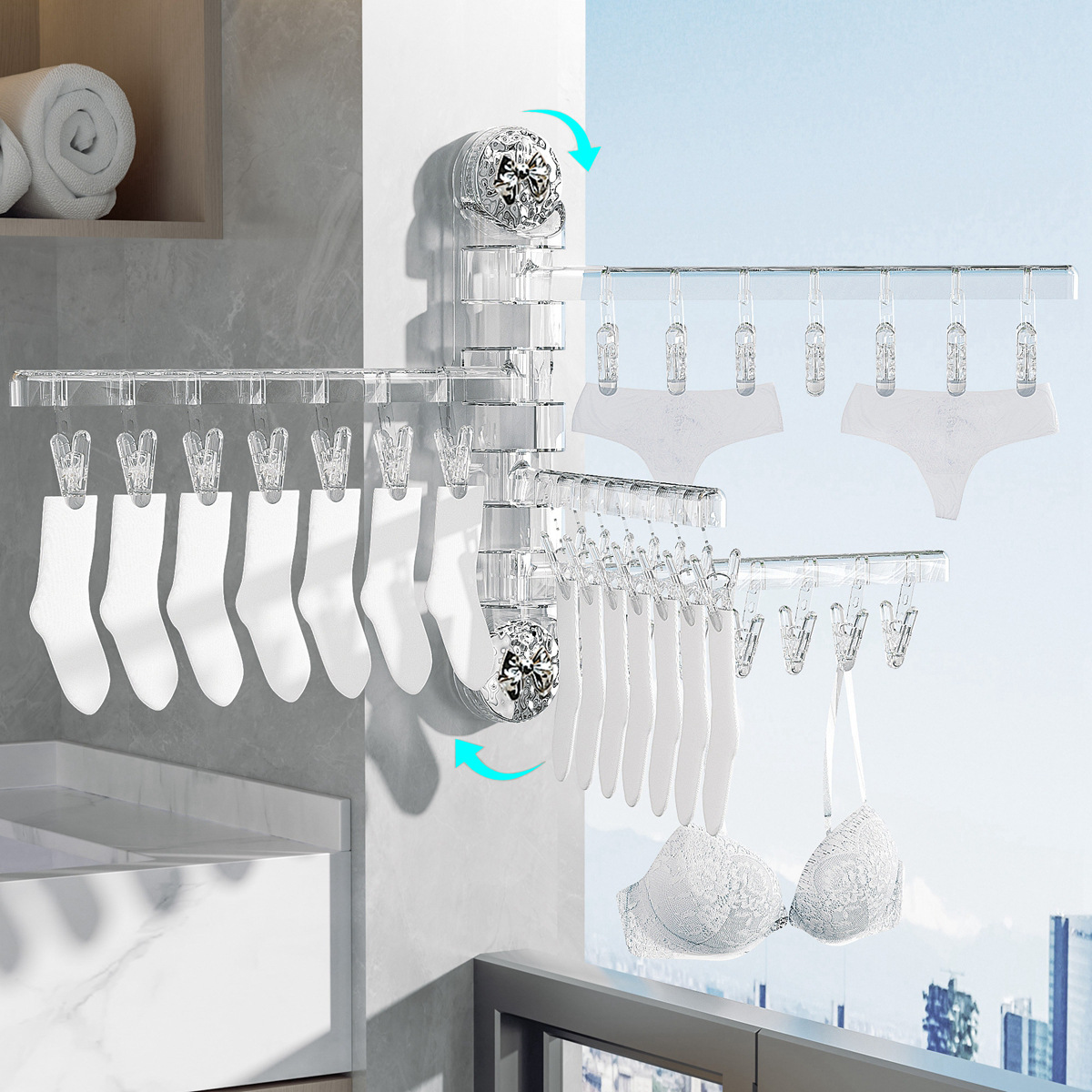 吸盘袜子晾晒架家用阳台折叠晒袜子壁挂内衣内裤多夹子晾衣架