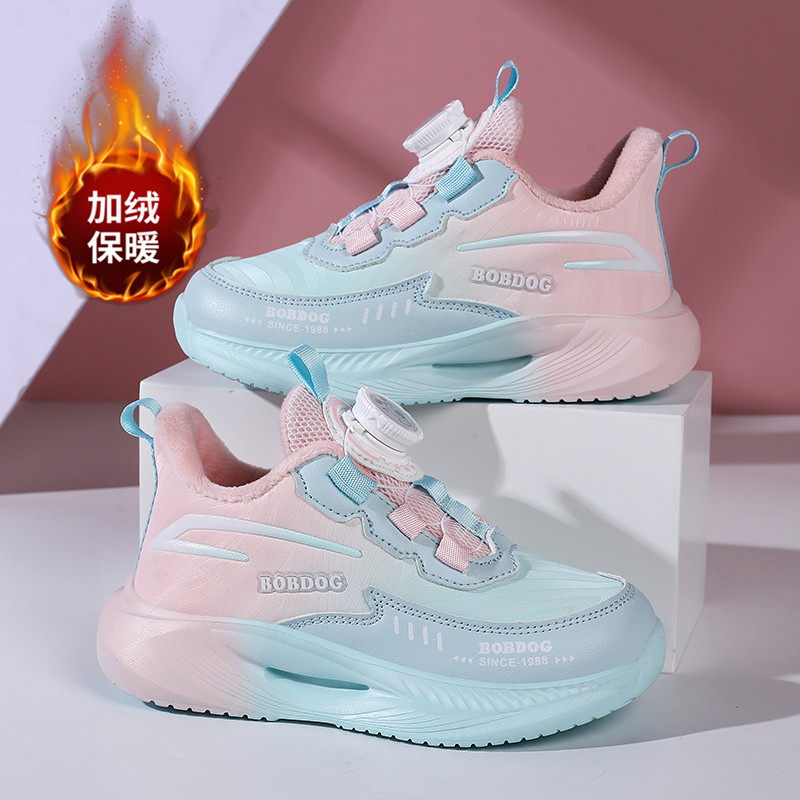 巴布豆女童运动鞋冬季皮面防水加绒保暖二棉鞋中大童儿童跑步鞋子