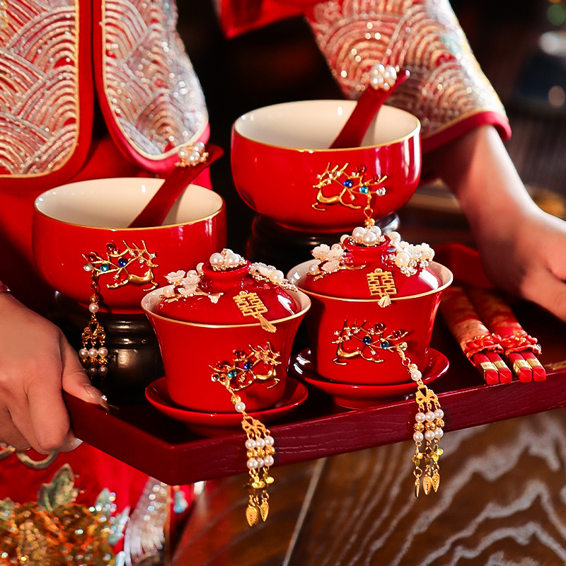 结婚敬茶杯套装一对喜碗筷红色婚