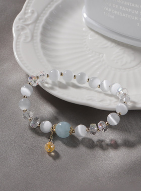 巴度水晶手链女新款小众金发晶流苏手串猫眼石海蓝宝水晶手饰批发