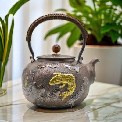 【千羽铜壶】1800ML连年有余錾刻提梁烧水壶纯手工锤纹精品茶具