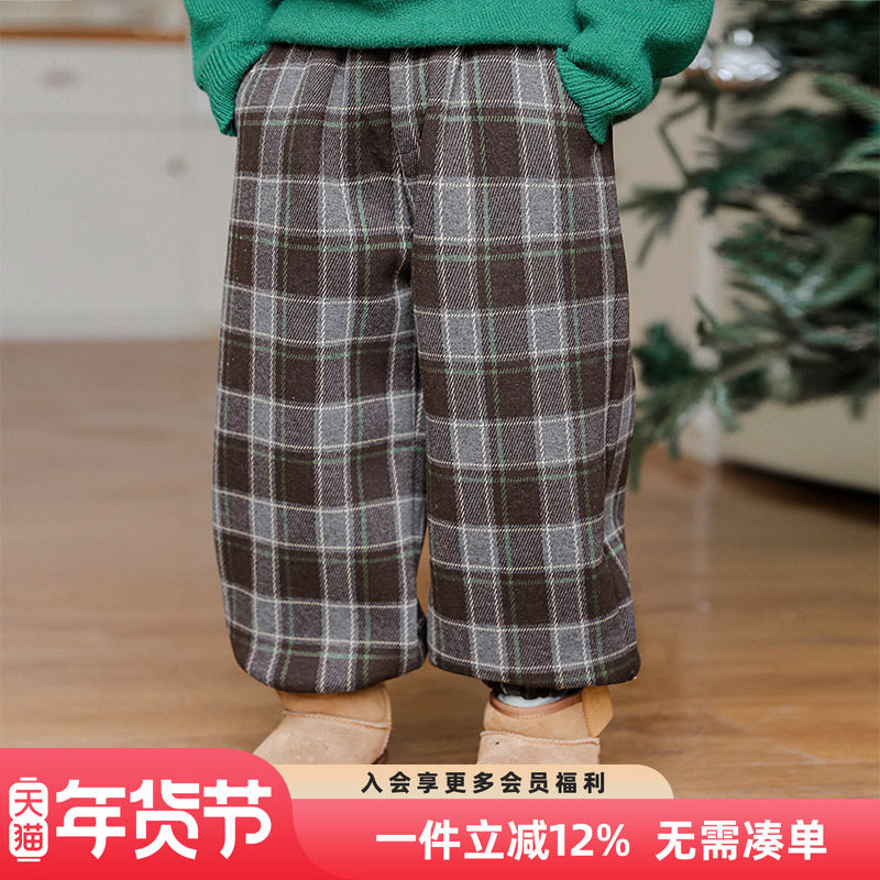 男童裤子2025冬装新款儿童秋冬加厚一体绒格子裤男孩加绒运动裤潮