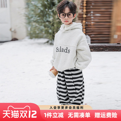 男童加绒卫衣秋冬款2025冬装新款儿童男孩加厚一体绒保暖连帽上衣