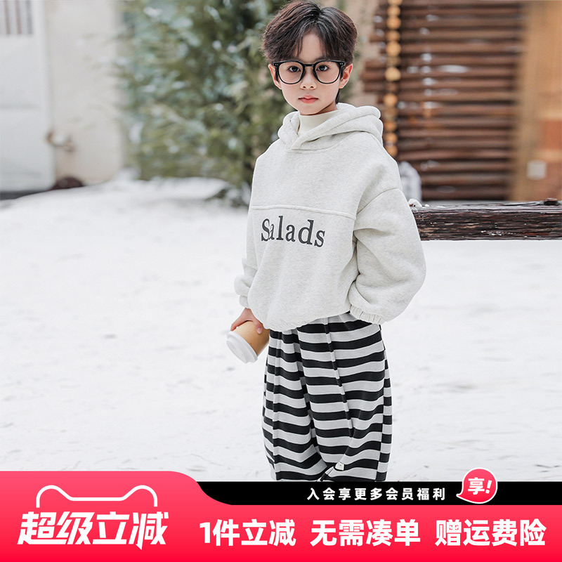 男童加绒卫衣秋冬款2025冬装新款儿童男孩加厚一体绒保暖连帽上衣