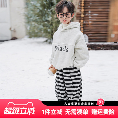 男童加绒卫衣秋冬款2025冬装新款儿童男孩加厚一体绒保暖连帽上衣