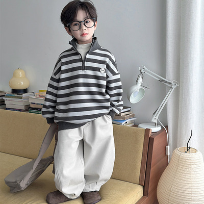 男童加绒卫衣秋冬款2025冬装新款儿童男孩加厚一体绒保暖条纹上衣