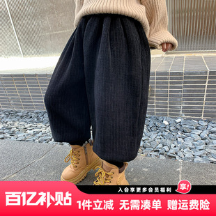 冬装 儿童加绒加厚一体绒灯芯绒运动长裤 子2025秋冬新款 男童加绒裤