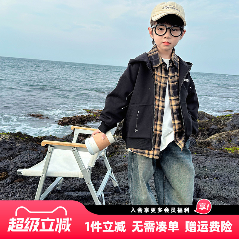 男童秋装外套2025新款儿童春秋款连帽开衫卫衣男孩秋季运动服上衣