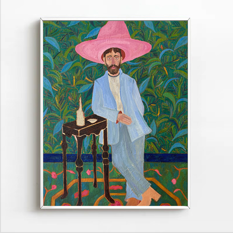 粉帽子西部牛仔人物图案装饰画美国小众设计师画现代美式玄关挂画