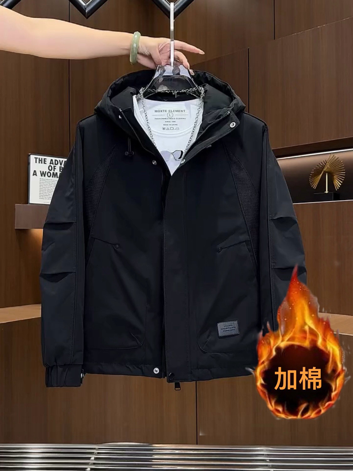 男士冬季连帽长袖薄棉夹克2025新