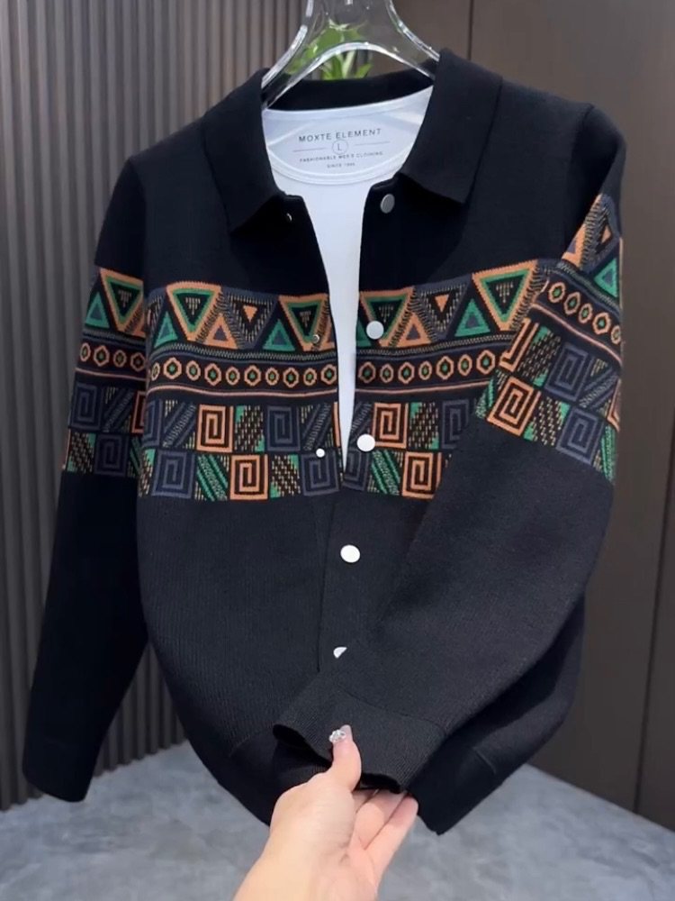 2025冬季男士针织开衫翻领气质复古图案青年外套时尚百搭修身上衣,男装,针织衫/毛衣,淘宝优惠券,粉丝福利购,淘宝优惠卷