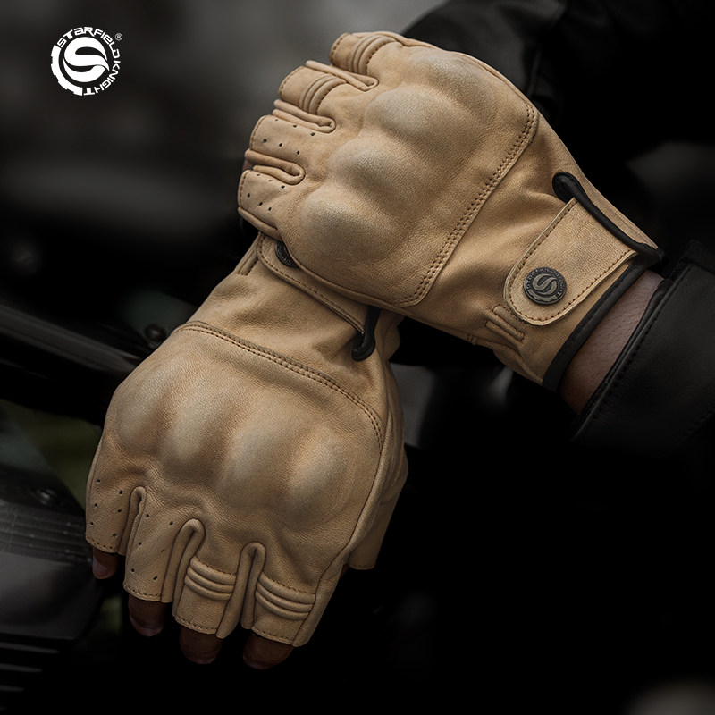 星空骑士摩托车手套真皮机车羊皮半指赛车男女透气防摔夏季复古