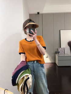 韩版 t恤女2024新款 时尚 上衣 U领胖mm休闲撞色短款 大码 夏季 正肩短袖