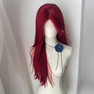 假发全头套女小额蕾丝中分红色长直发显白万用cos甜酷辣妹仿真发