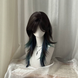 假发女全头套孔雀蓝挑染渐变狼尾鲻鱼头精修日常自然仿真发假发套