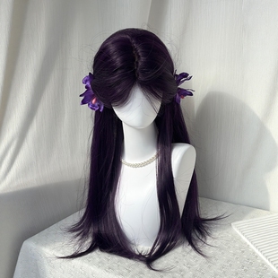 假发全头套女前额蕾丝气质中分刘海黑加仑紫长直发日常显白假发套