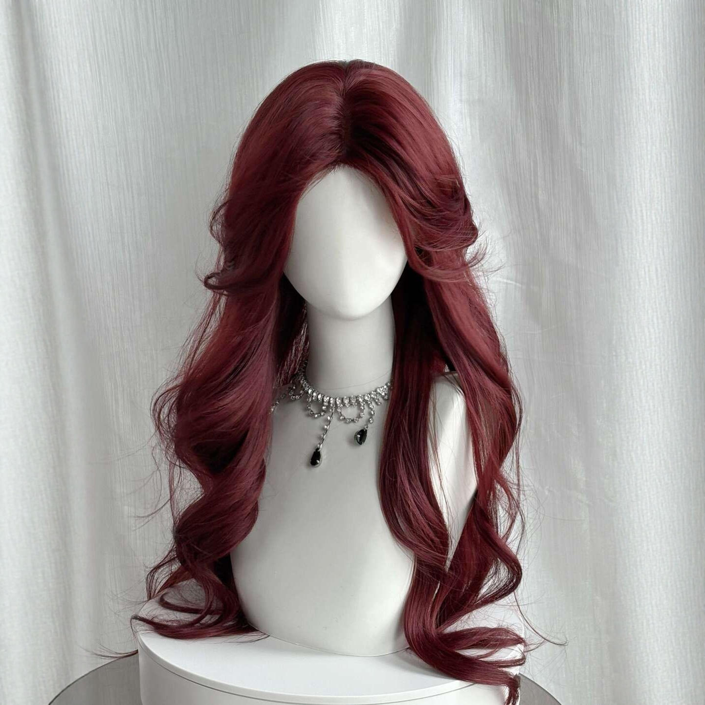 八字刘海大波浪树莓红假发全头套