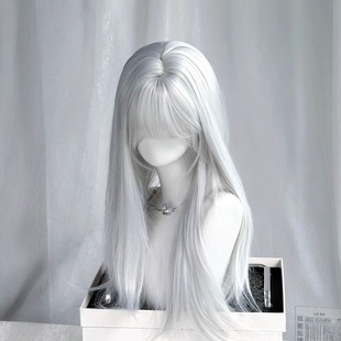 假发女齐刘海银白色长直发自然仿真人发氛围感万用cos透气假发套