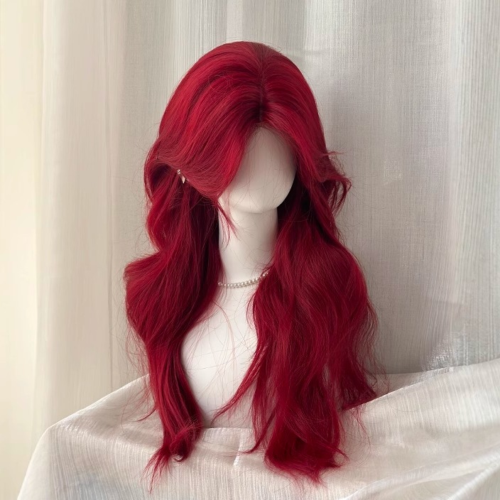 假发全头套前额蕾丝红色长卷发