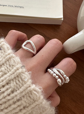 日系cherry kitty戒指组合s925银多层珍珠设计ins博主叠戴食指