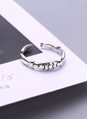 日系cherry kitty925银小鱼戒指开口设计尾戒百搭复古做旧工艺款