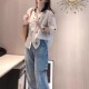 kitty秋季 高腰水洗牛仔裤 新款 花朵衬衫 洋气女 时尚 日本cherry
