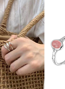 日系cherry kitty925银草莓晶椭圆戒指女ins简约气质可推拉设计