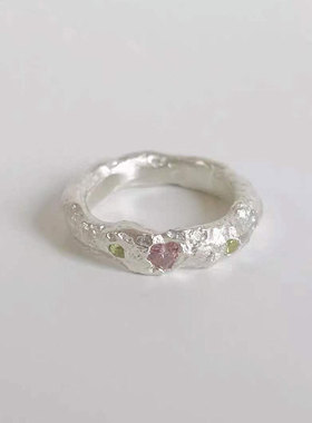 日系cherry kitty925银不规则纹理戒指女ins甜美温暖粉色锆石