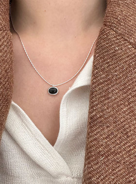 日系cherry kittys925银椭圆黑玛瑙项链女简约经典元素百搭嘻哈