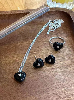 日系cherry kitty925银黑玛瑙项链韩国小众套装爱心耳钉戒指一套