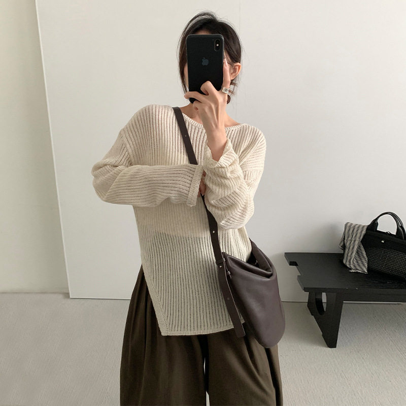 法国cherry kitty 休闲慵懒百搭长袖侧开叉宽松套头针织毛衣女