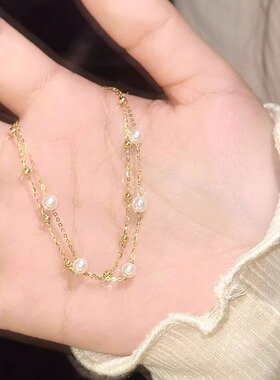 日系cherry kitty法式高级感珍珠双层手链女ins简约冷淡风手环