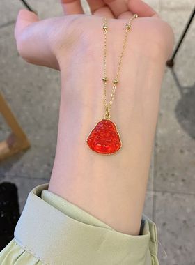 日系cherry kitty新款红色笑脸弥勒佛吊坠项链女新中式轻奢小众