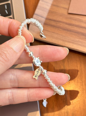 日系cherry kitty925银smile小鱼喵咪银圈手链女手工设计可爱