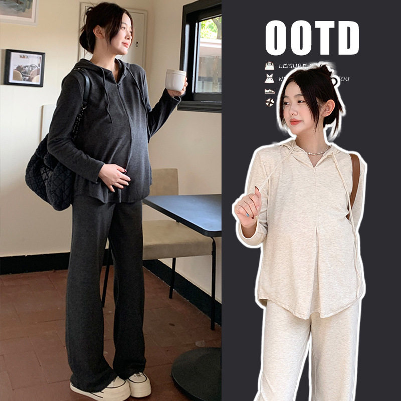 法国cherry kitty孕妇休闲套装秋装新慵懒运动风连帽长袖T恤卫衣